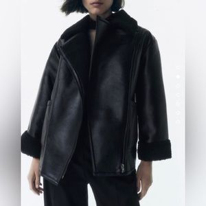 oversized faux leather jacket w/ sherpa lining